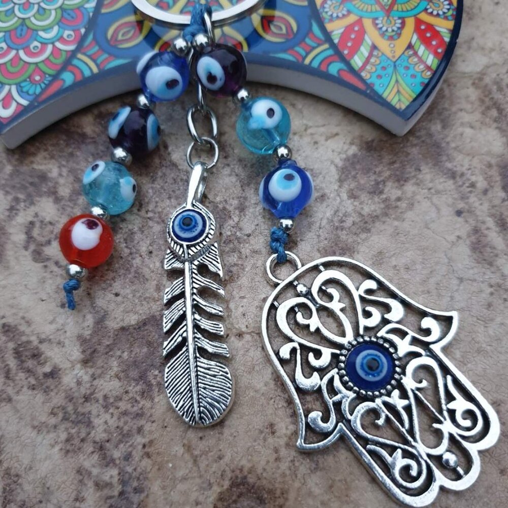 Hamsa Multi Color Feather Key Chain Key Ring Women Bag Purse Charm Accessory - Picture 2 of 3